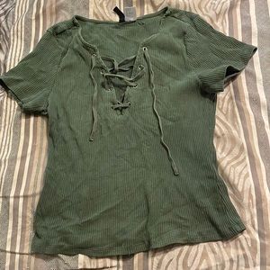 Olive green short sleeve lace up v-neck